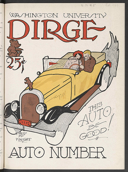 Illustration of a couple driving in an older model yellow convertible with the top down published in the 1929 issue of the "Dirge," a WashU student satirical magazine.