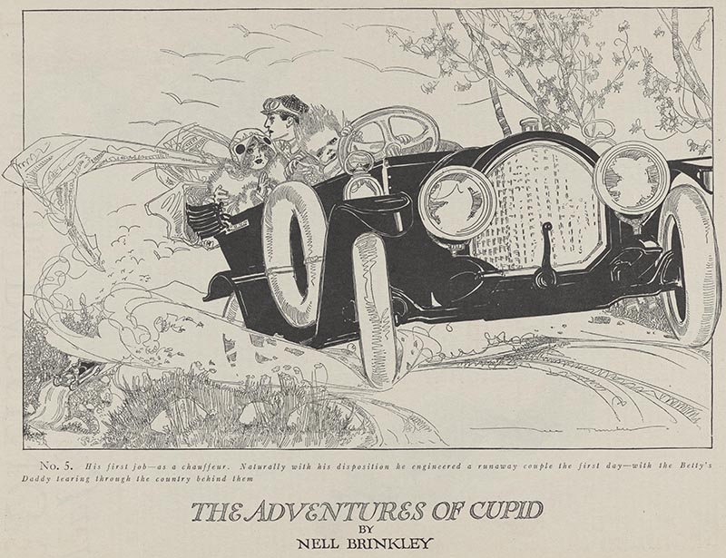 A cherubic Cupid driving a vintage Bentley with its top down with a couple riding in the backseat.