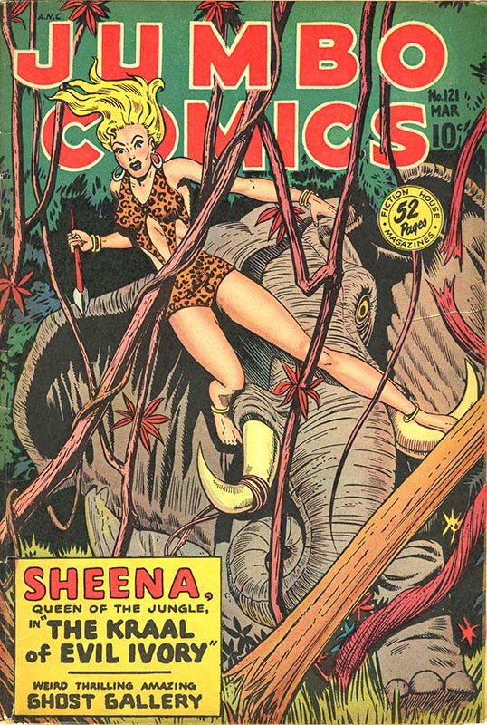 A woman in a leopard-print leotard swings through the jungle with a spear in-hand while an elephant stampedes behind her.