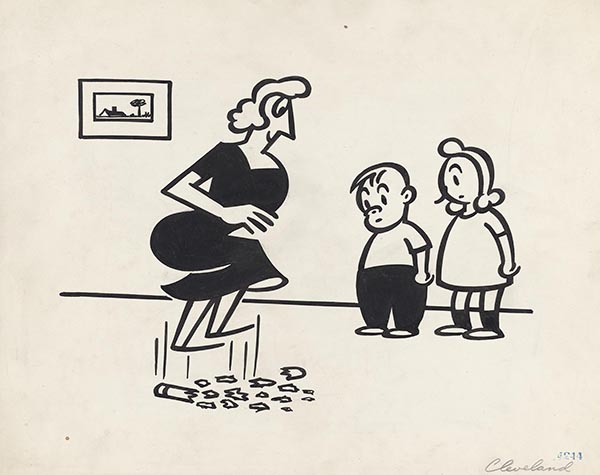 A woman jumps upon and breaks a pencil in front of two young children.