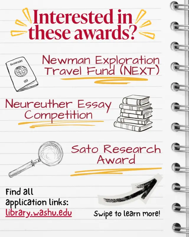 Applications are open for our various competitions and awards! Whether you’re a researcher, writer, creative, or innovator, this is your chance to showcase your work, gain recognition, and win exciting prizes.
Explore library.washu.edu for more details about these awards.