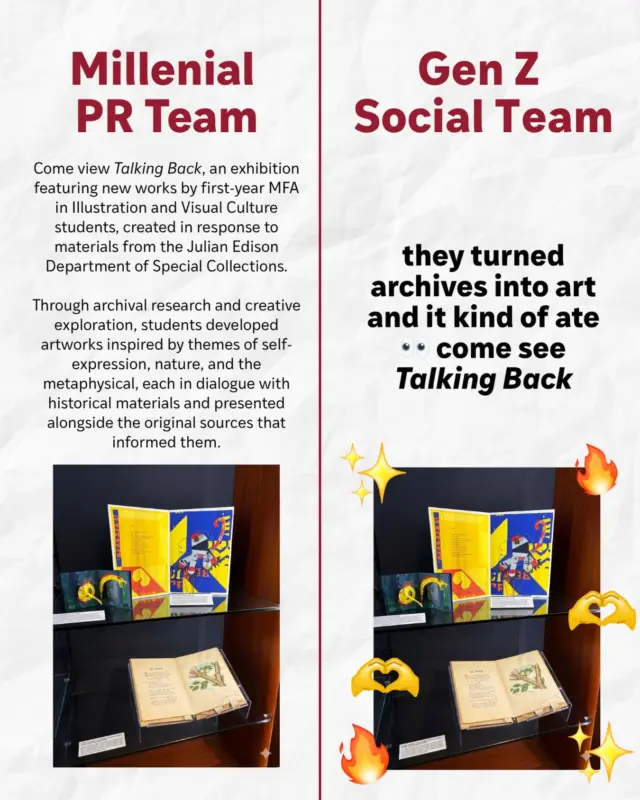 Millennial PR: archival research, curated interpretation.
Gen Z social: “wait… this goes hard.” 🎨
Talking Back: Conversations with Special Collections exhibition is open through September 13. If you have a break from finals or before you leave for the semester, check it out at Olin Library!